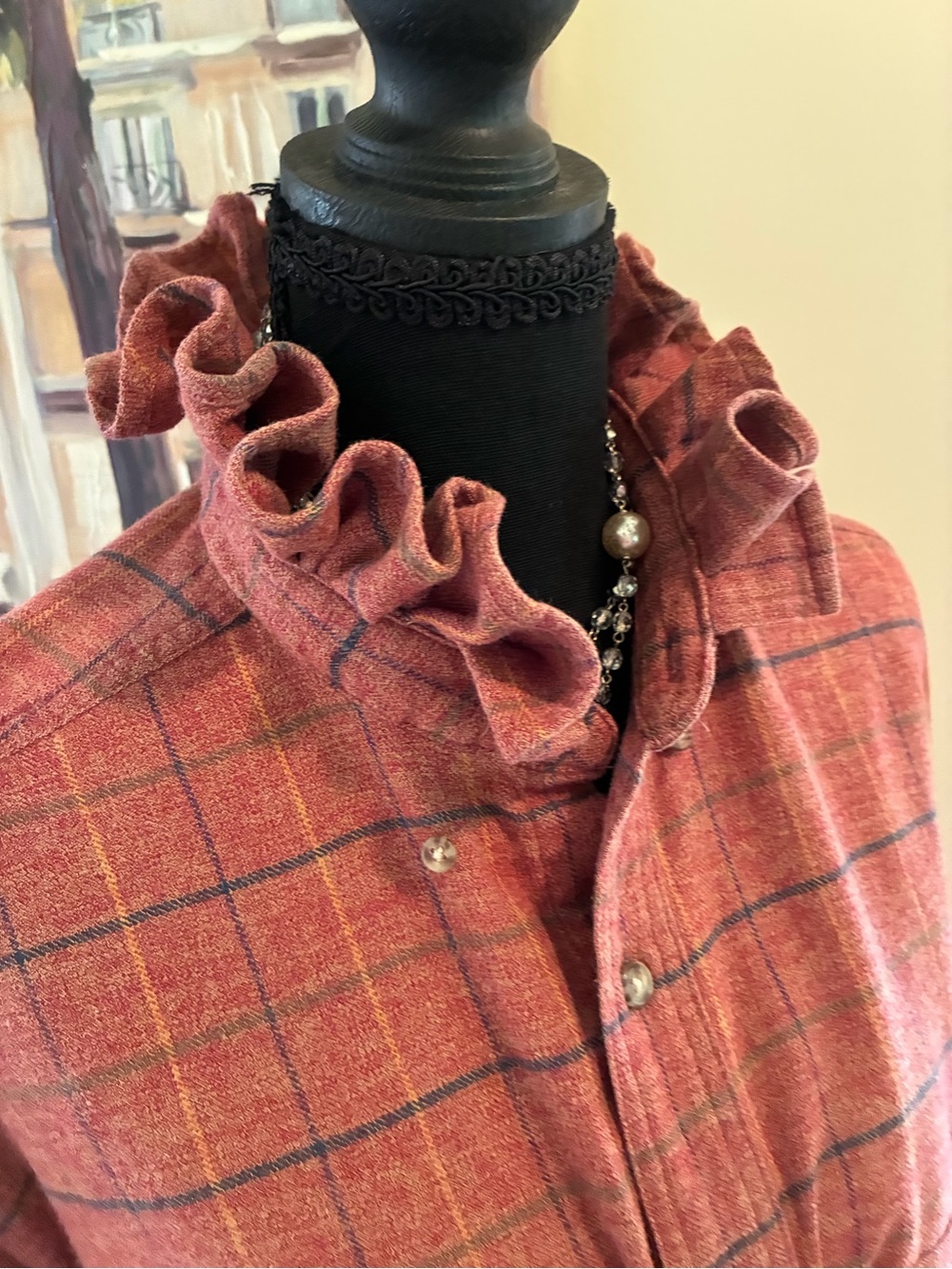 Eddie Bauer Rust Plaid Ruffle-Collar Button-Front Shirt - Picture 3 of 5